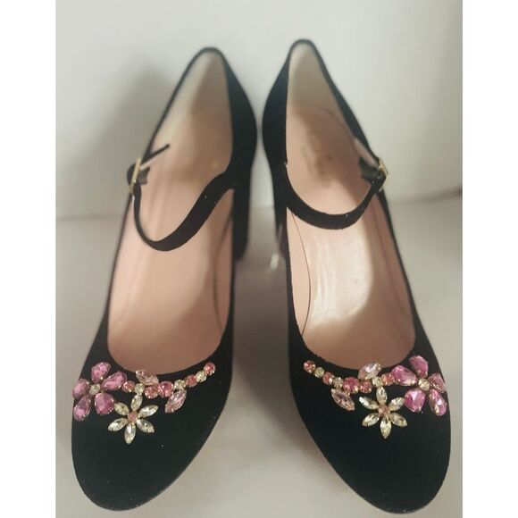 Kate Spade Black Velvet Heels with Pink Embellishments ballina Mary Jane Pump 10 - Picture 1 of 10